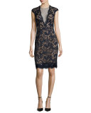 Plunging V-Neck Lace Dress, Midnight