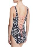 Pinwheel Palms Reversible Lace-Back One-Piece Swimsuit, Black