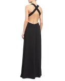 Sleeveless Crisscross-Back Pleated Gown, Black