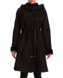 Reversible Hooded Shearling Belted Coat