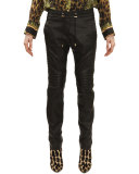 Drawstring Waist Leather Moto Pants, Noir (Black)