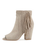 Iris Fringe Open-Toe Bootie, Sand