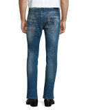 Destroyed Skinny-Leg Bleached Denim Jeans, Blue