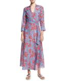 Floral-Print Voile Maxi Wrap Dress, Blue/Red