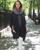 Cashmere Fur-Trim Poncho w/ Pockets, Charcoal