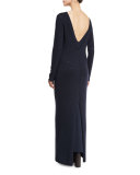 Long-Sleeve Paillette V-Back Dress, Navy