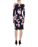 Reese 3/4-Sleeve Floral-Print Dress, Navy/Pink