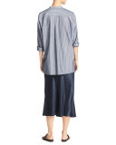 Wide-Stripe Mandarin-Collar Pullover Shirt, Blue