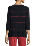 3/4-Sleeve Striped Layered-Hem Sweater, Ink/Red Rock