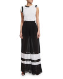 Sleeveless Asymmetric Two-Tone Blouse, White/Black
