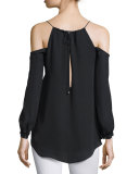 Silk Long-Sleeve Cold-Shoulder Top, Black