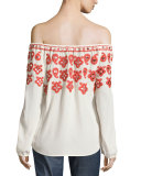 Leyla Off-the-Shoulder Embroidered Top, Ivory/Red 