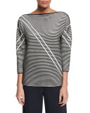 Pintucked 3/4-Sleeve Striped Sweater, Black Multi 