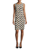 Kendra Sleeveless Chain-Print Faille Sheath Dress, Black
