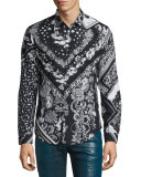 Bandana-Print Sport Shirt, Black/White