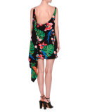 Tropical-Print Draped-Back Dress, Black/Multi