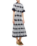 Medallion-Lace Flared Dress, Black/Multi Colors