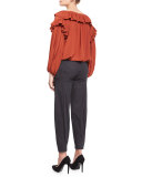 Plisse-Collar Self-Tie Blouse, Burnt Sienna