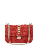 Floral-Applique Rockstud Shoulder Bag, Deep Coral