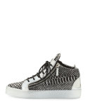 Men's Textured Metallic Leather Mid-Top Sneaker, Black/Silver