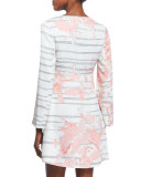 Split-Sleeve Floral-Print Sheath Dress, Lotus Orchid Stripe