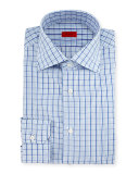 Box Check Mitered-Cuff Dress Shirt, White/Blue