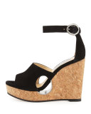 Neyo Suede/Cork Ankle-Wrap Wedge Sandal