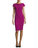 Seamed Cap-Sleeve Sheath Dress, Claret