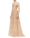 Star-Embellished Strapless Gown, Nude