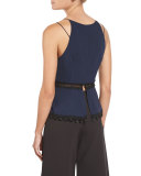 Lace-Up Crepe Peplum Top, Navy Combo