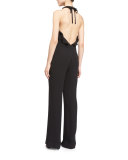 Blithe Silk Ruffle-Trim Halter Jumpsuit, Black
