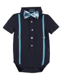 Short-Sleeve Polo Suspender Shirtzie w/ Plaid Shorts, Navy, Size 3-24 Months