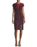 Cap-Sleeve Paillette Sheath Dress, Marsala