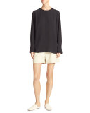 Collarless Pleat-Back Silk Crepe Blouse