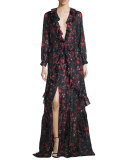 Long-Sleeve Abstract Floral Silk Gown, Cayenne Red/Black