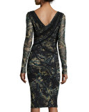 Long-Sleeve Paisley Faux-Wrap Dress