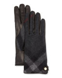 Charlotte Check Cashmere & Leather Gloves, Charcoal