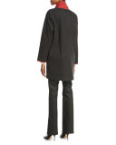 Collarless Contrast-Trimmed Wool-Blend Coat, Smoke/Carnelian