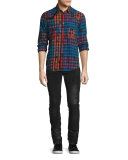 Coated Zip-Front Corduroy Pants, Black