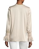 Naya Long-Sleeve Blouse w/ Crocheted Bib, Ivory