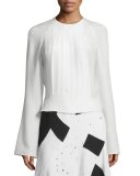 Long-Sleeve Pleated Silk Blouse, White