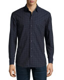 Grid & Tonal Dot Long-Sleeve Sport Shirt, Navy