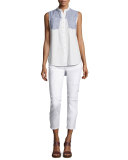 Striped-Combo Sleeveless Shirt, Blue Pattern
