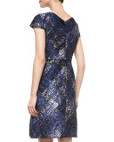 Short-Sleeve Embroidered-Neck Dress, Black/Ink