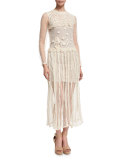 Long-Sleeve Lace & Macrame Midi Dress, Ivory