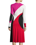 Colorblock Front-Slit Long-Sleeve Dress, Multi Pattern