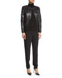 Leather Peplum Jacket w/ Contrast Whipstitching, Black