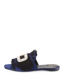 Strass-Buckle Macramé Slide Sandal, Black/Blue
