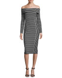 Striped Off-the-Shoulder Midi Dress, Soft White/Black
