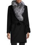 Belted Fur-Trim Wrap Coat, Black